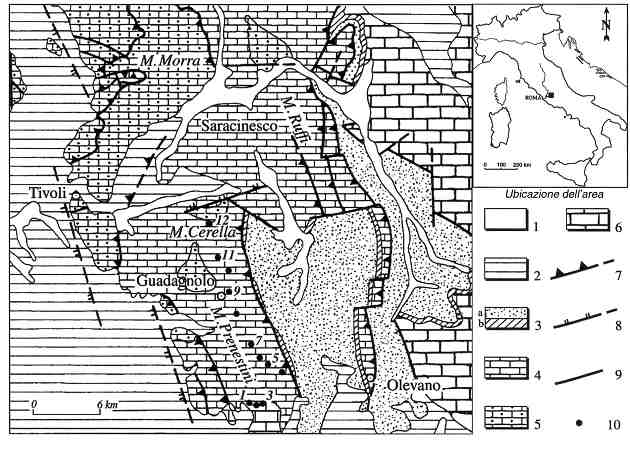 Figura 3  Carta geologica schematica dei Monti Prenestini e dei Monti Ruffi (modificata da Cipollari & Cosentino, 1991). 1: depositi alluvionali e colluviali; 2: depositi marini, continentali e vulcanici (Plio-Pleistocene); 3a: Formazione Frosinone (Miocene superiore); 3b: Marne a Orbulina (Miocene medio-superiore); 4: Formazione di Guadagnolo (Miocene inferiore-medio); 5: successione pelagica Sabina (Triassico superiore-Miocene inferiore); 6: successione della piattaforma carbonatica Laziale-Abruzzese (Triassico superiore-Miocene superiore); 7: faglie inverse e accavallamenti; 8: faglie dirette; 9: faglie indeterminate; 10: ubicazione delle sezioni misurate.